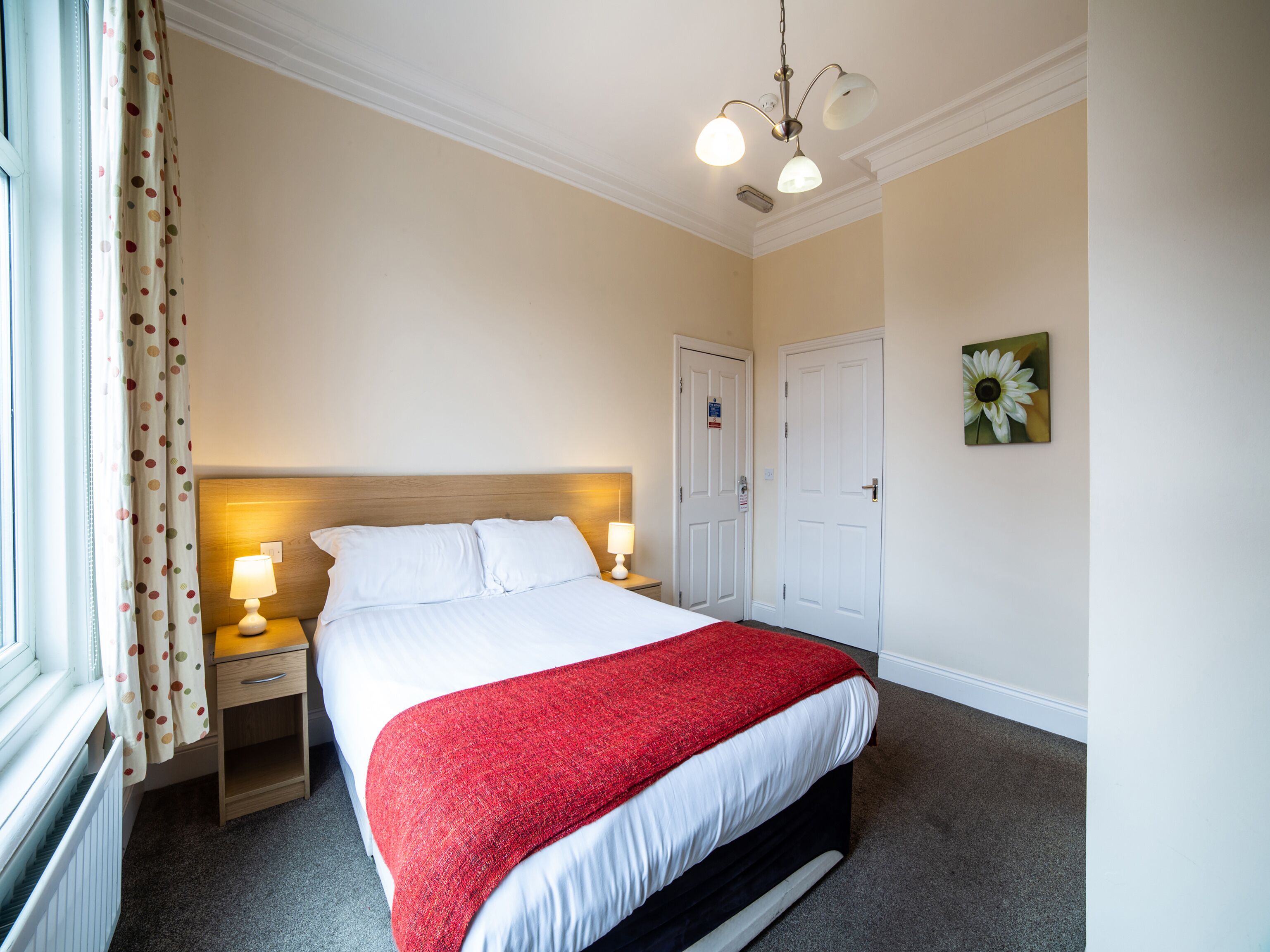 Une chambre d’hôtel avec un grand lit, une table de chevet avec une lampe, un luminaire au plafond, une porte et un tableau au mur.