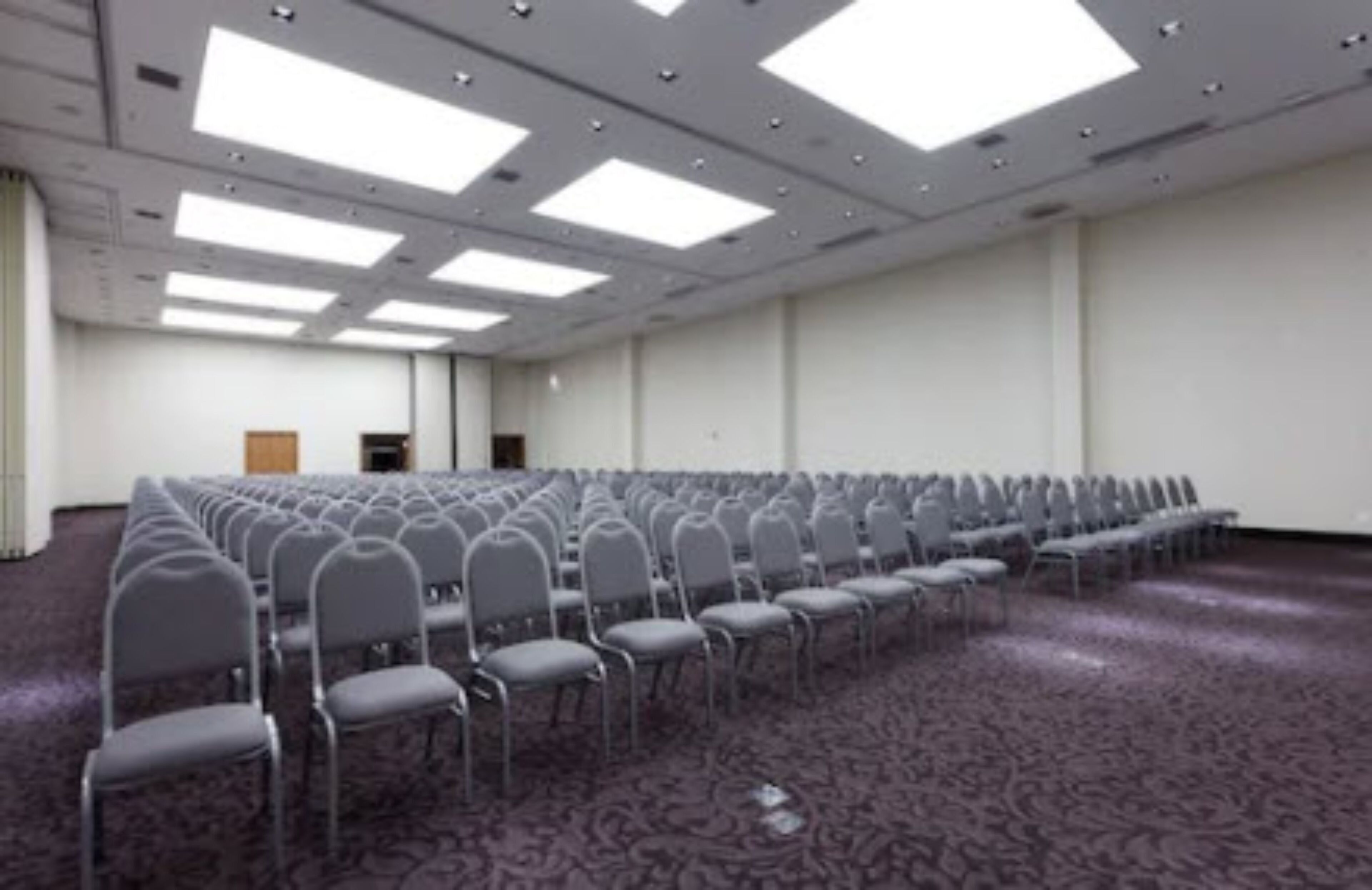 Une salle de conférence avec des rangées de chaises, un sol recouvert de moquette et des luminaires au plafond.