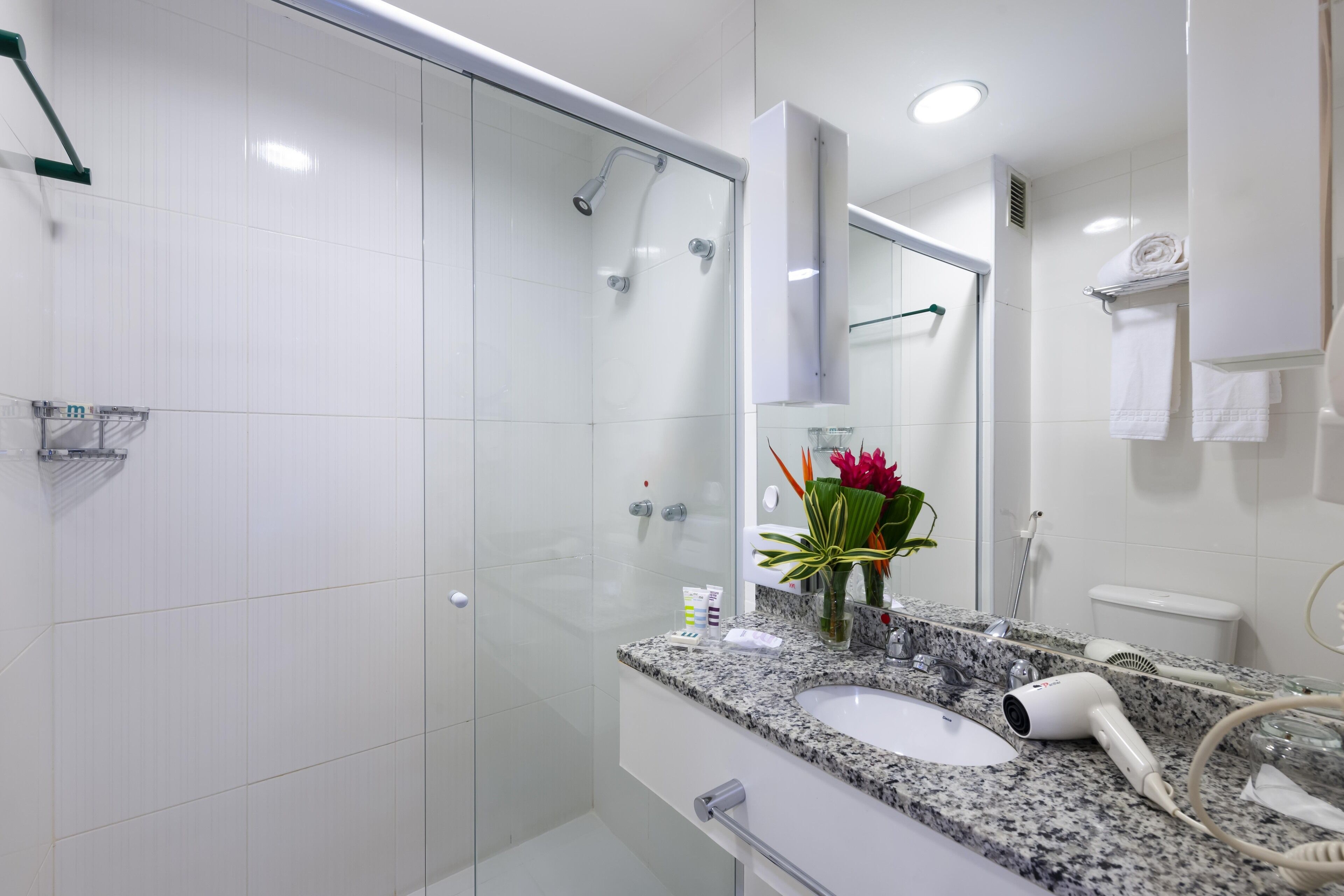 Regadera, amenidades de baño ecológicas, secadora de cabello, toallas 