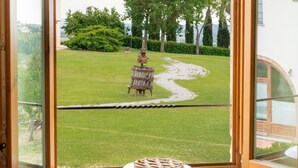 Una habitación con un ventanal grande que da a un jardín con un banco de madera y una mesa con fruteros.