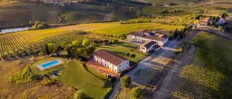 An aerial view of a vineyard estate with terraced fields, a swimming pool, and a main building with multiple rooms.
