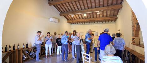 A group of people in a wine cellar with wooden beams, wine racks, and a tiled floor.