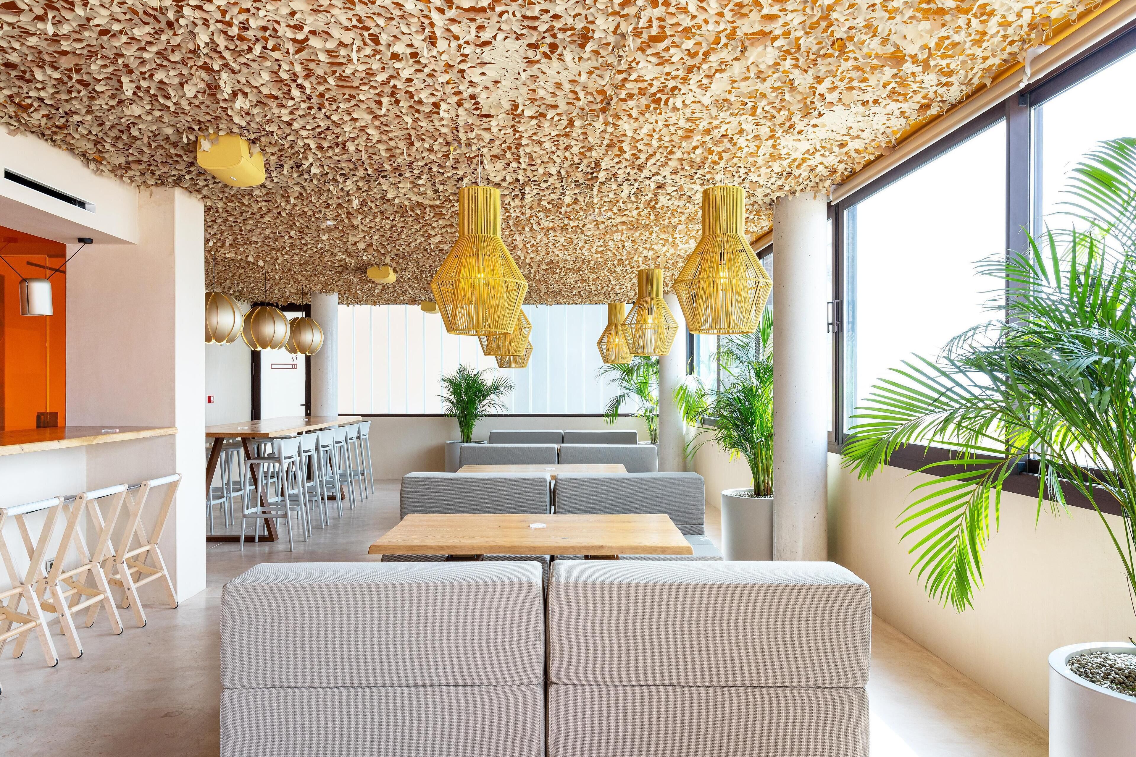 A modern interior with a ceiling made of natural materials, seating areas, and large windows.