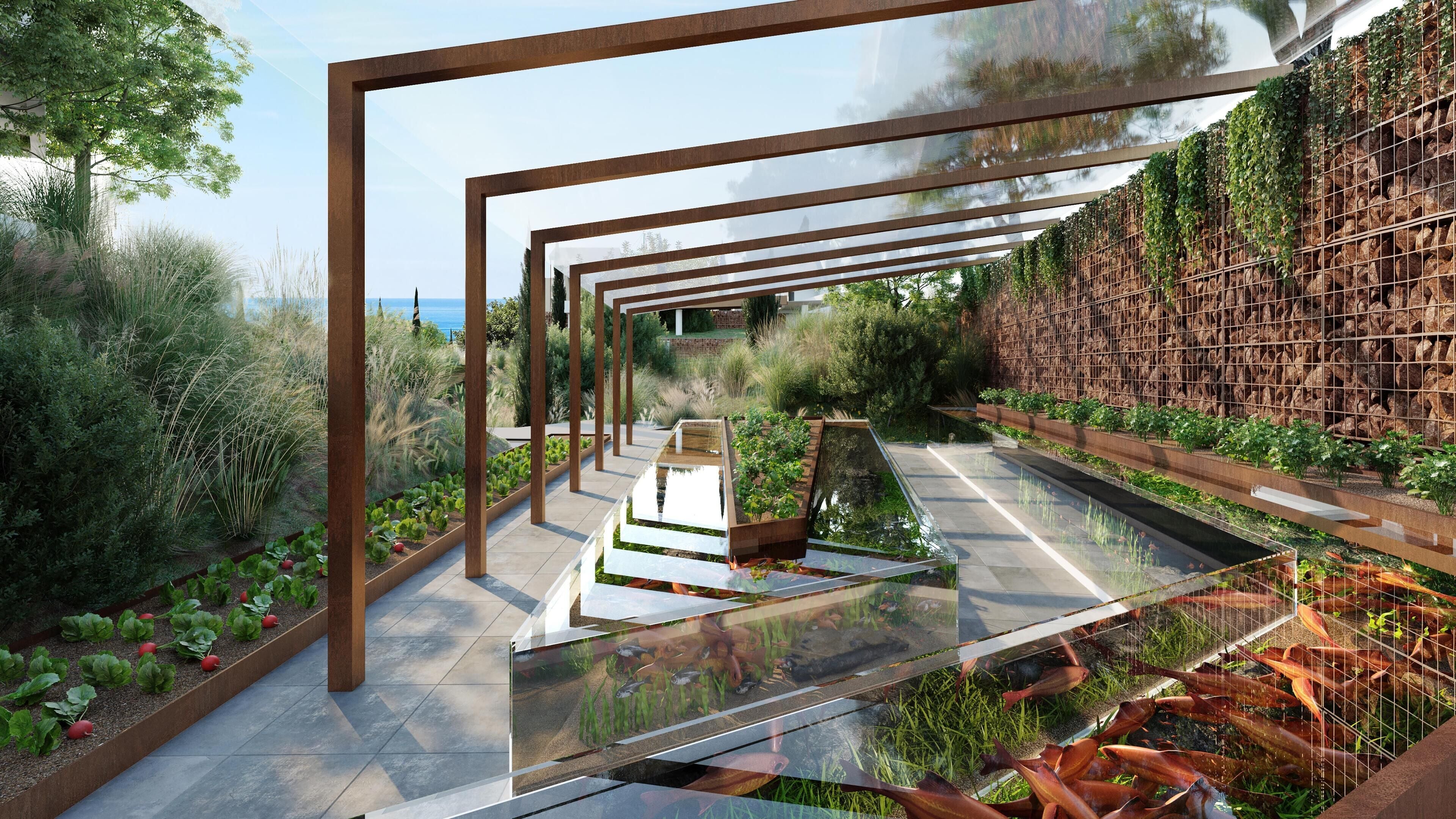 Un jardín moderno con jardineras escalonadas, un pasarela de vidrio y un muro de celosía de madera.