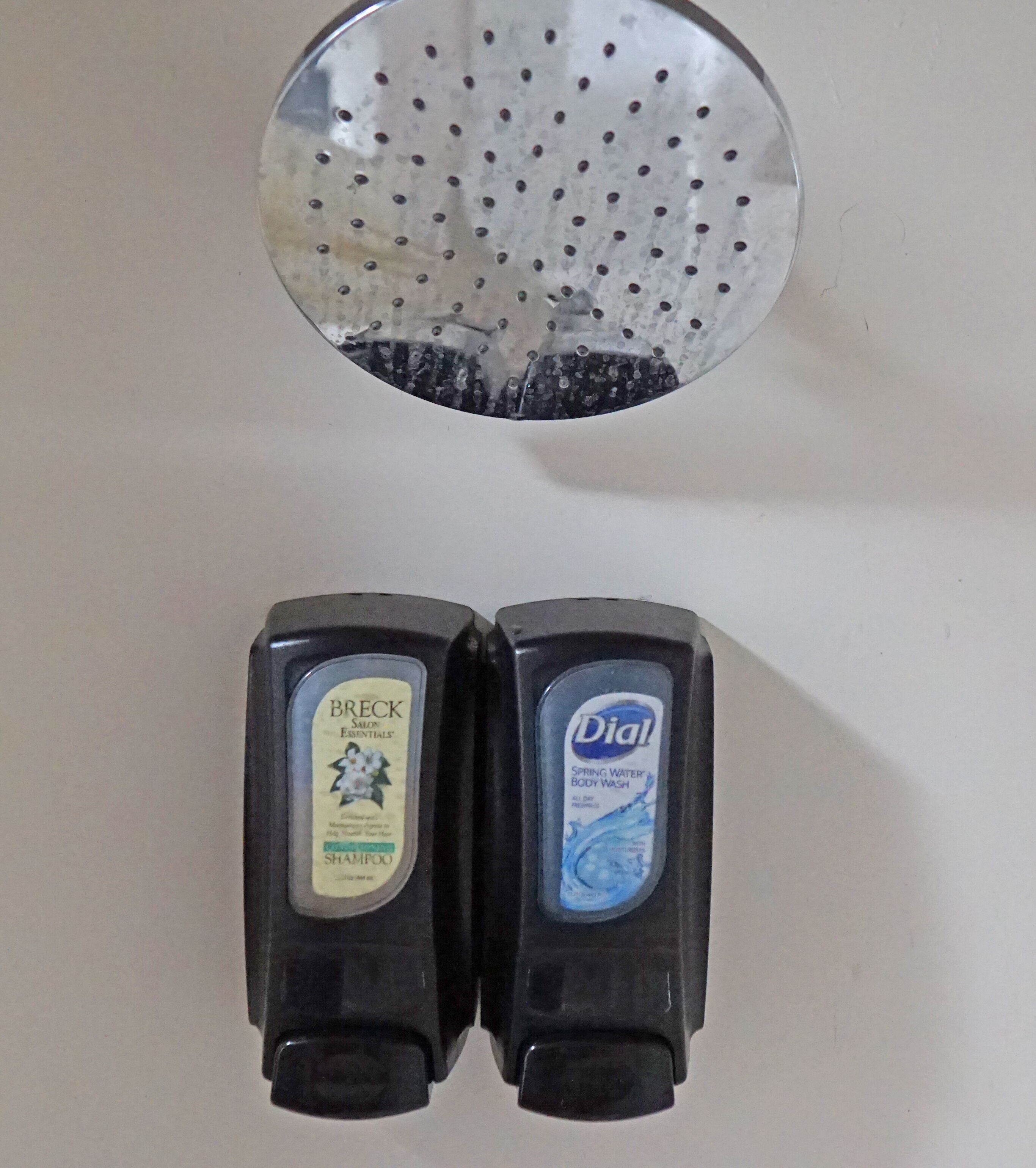 Et brusehoved med et cirkulært, perforeret design samt to flasker shampoo mærket 'Breck Salon Essentials' og 'Dial'.