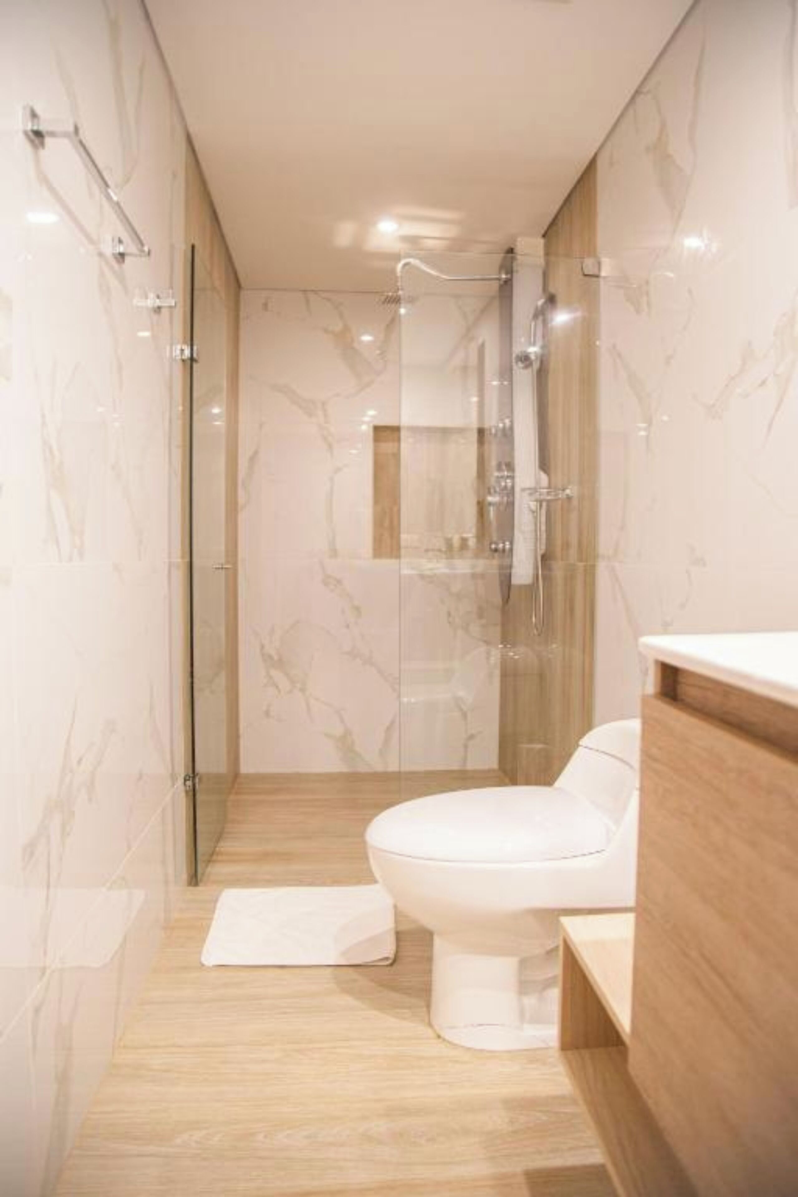 A modern bathroom with a glass-enclosed shower, a white toilet, and a wooden vanity.