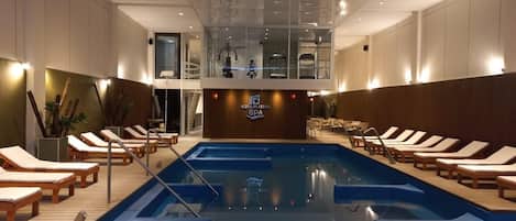 Indoor pool, outdoor pool, pool umbrellas
