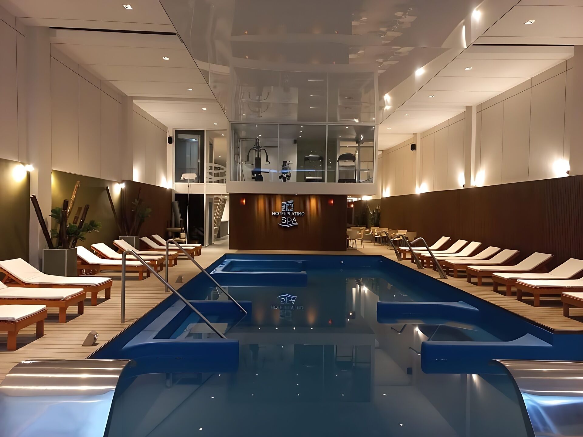 Indoor pool, outdoor pool, pool umbrellas