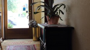 A hallway with a patterned rug, a potted plant, and a door leading outside. - Locanda da Renzo (Treviso)