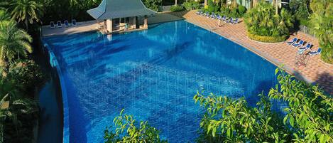 A large swimming pool with lounge chairs and palm trees.