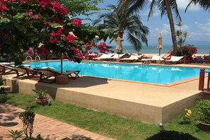 Outdoor pool, pool umbrellas, pool loungers