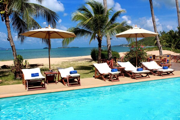 Outdoor pool, pool umbrellas, pool loungers