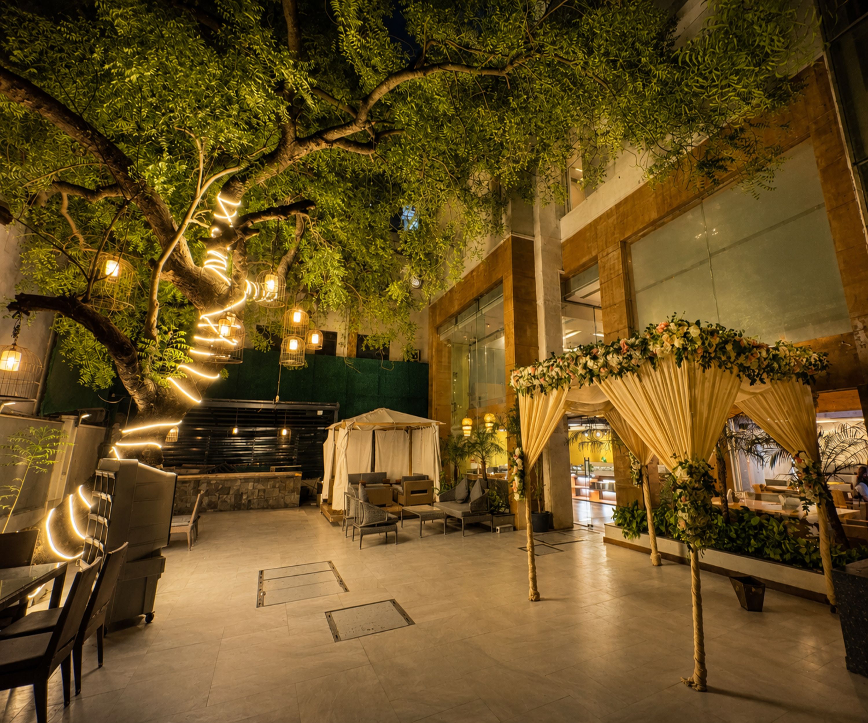 Un pati interior amb un arbre, zona d'estar i una secció coberta amb plantes.