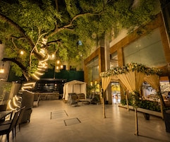 Un patio interior con un árbol, zona de estar y un área cubierta con plantas.