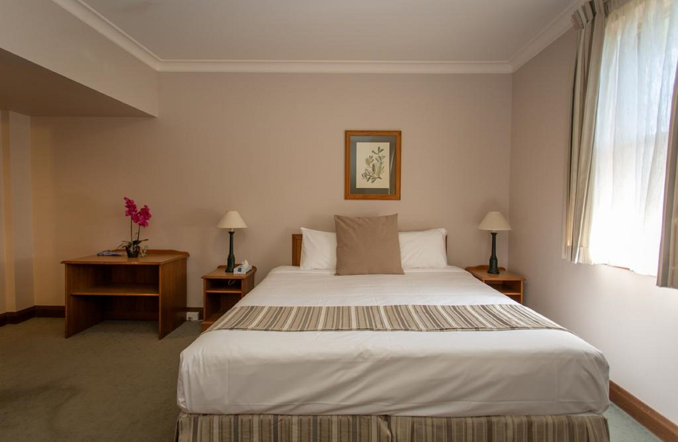 A hotel room with a large bed, two bedside tables, a nightstand, a framed picture on the wall, and a window with curtains.