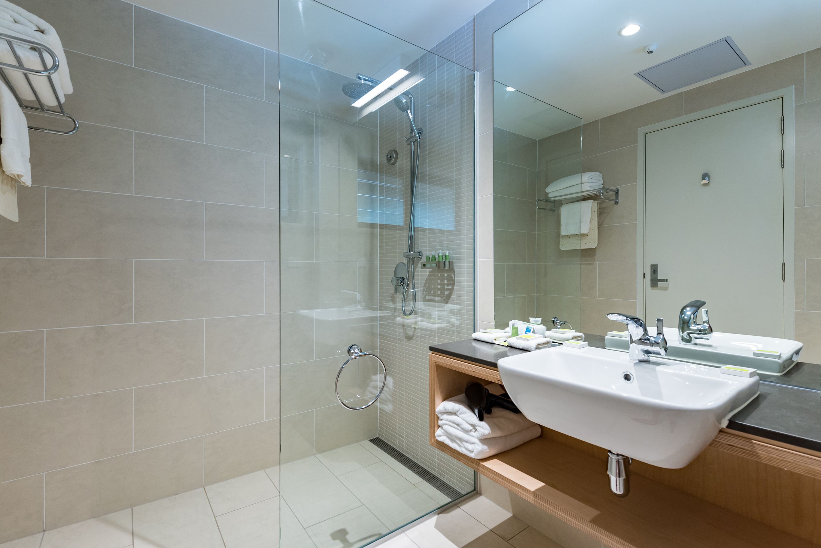deluxe room | bathroom | shower, free toiletries, hair dryer, towels