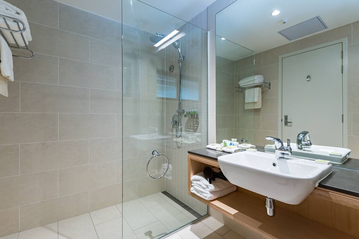 deluxe room | bathroom | shower, free toiletries, hair dryer, towels