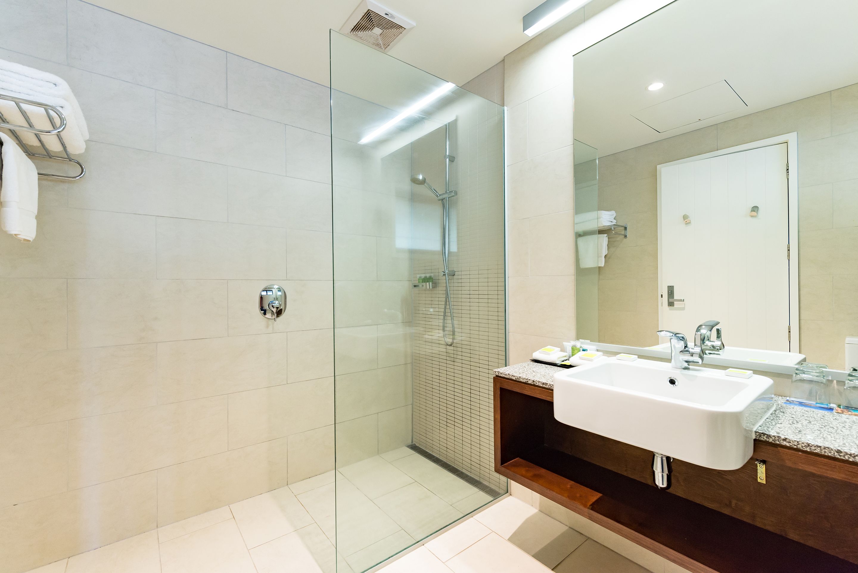 shower, free toiletries, hair dryer, towels