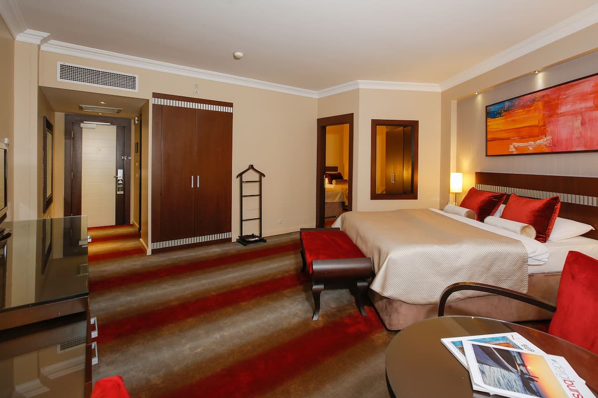 Een hotelkamer met een groot bed, een bureau met stoel, een televisie en een rode vloerbedekking.
