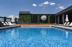 Una piscina con vistas a un edificio identificado como 'ALUNA' y una pared decorativa con plantas.