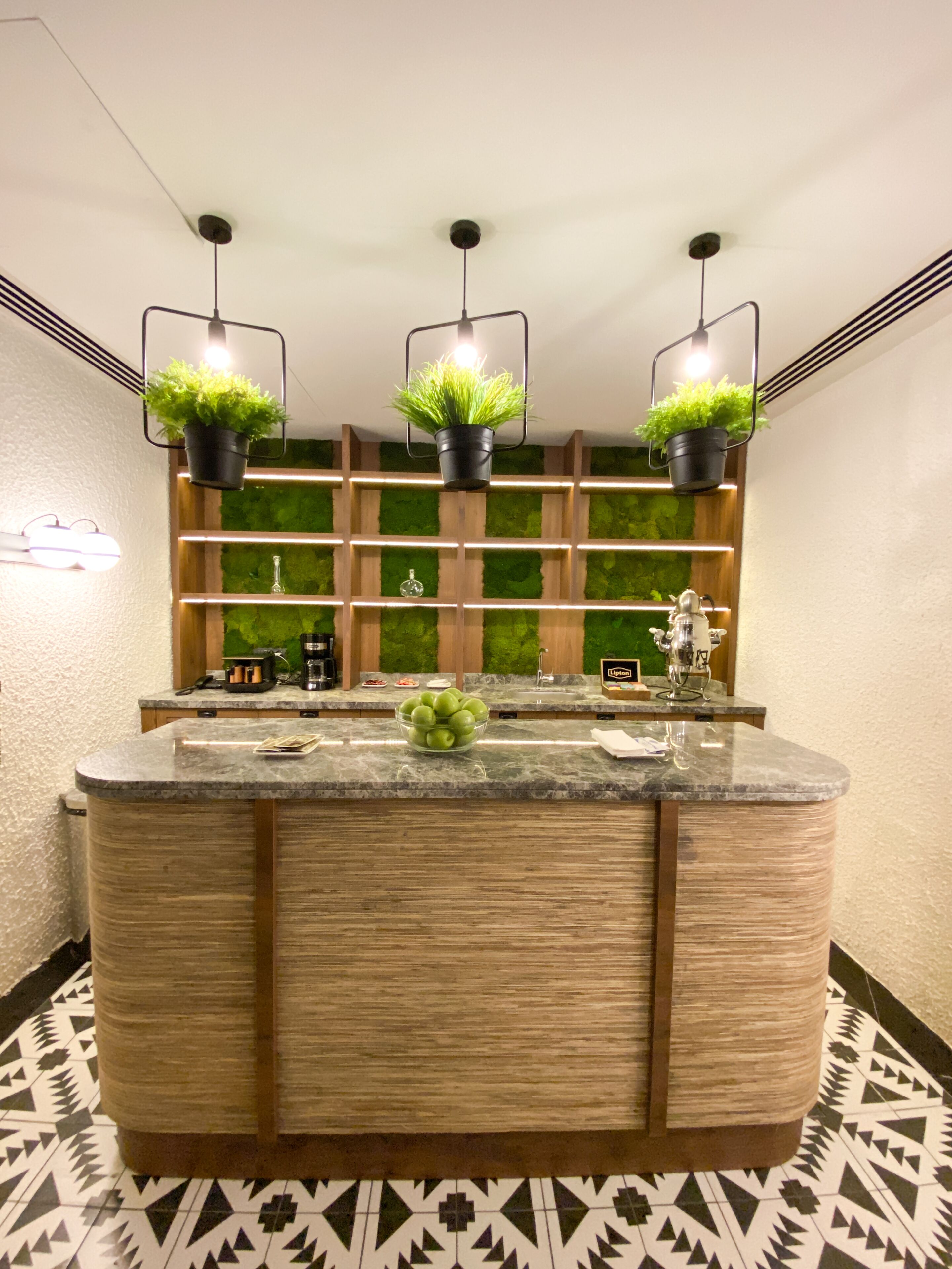 Un baño moderno con una isla central, estanterías de madera y plantas colgantes.