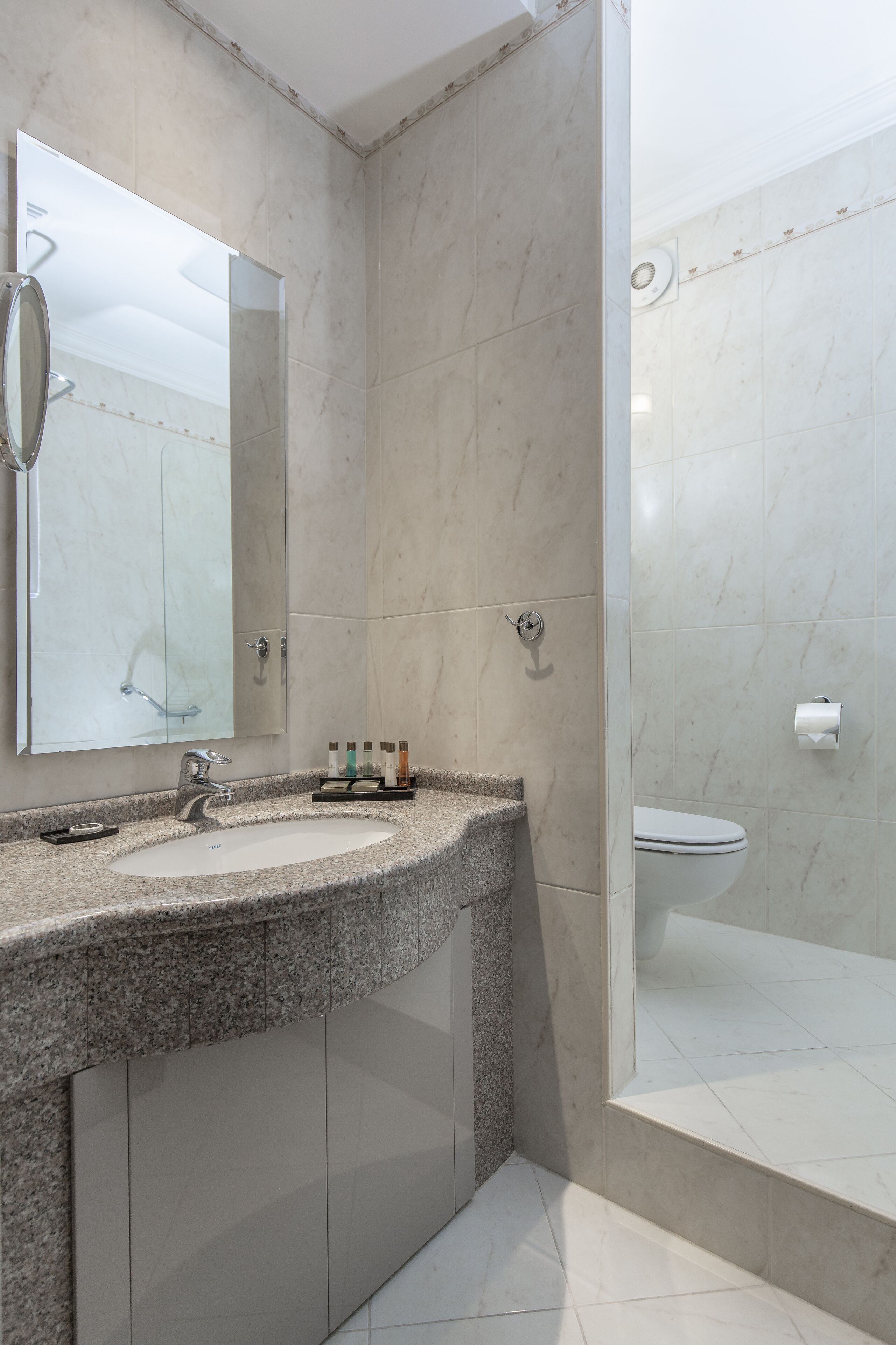 A modern bathroom with a granite countertop, a large mirror, a toilet, and a shower area.