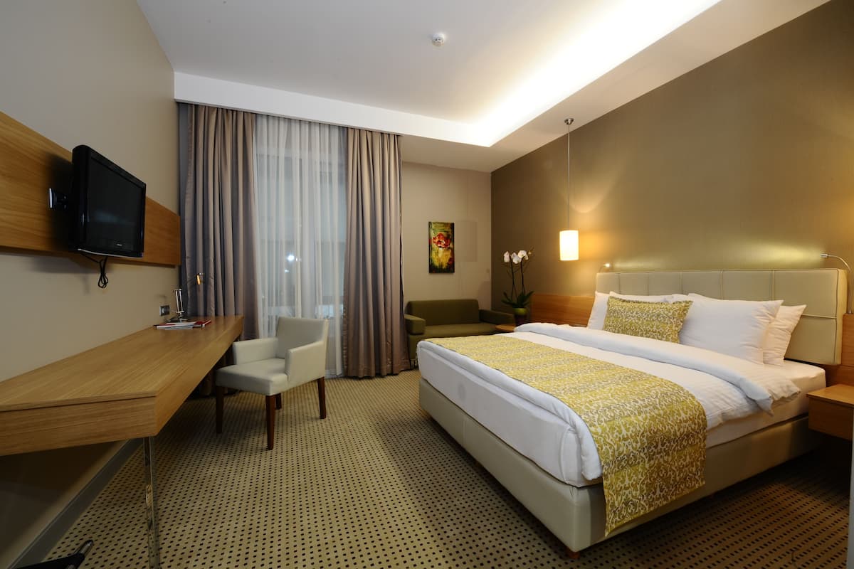 A hotel room with a bed, a desk, a chair, a television, and a window with curtains.