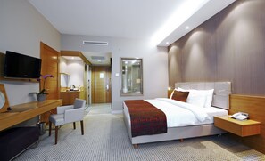 A modern hotel room with a bed, bedside table, TV, desk, chair, and a potted plant. - Ramada by Wyndham Podgorica (Podgorica)