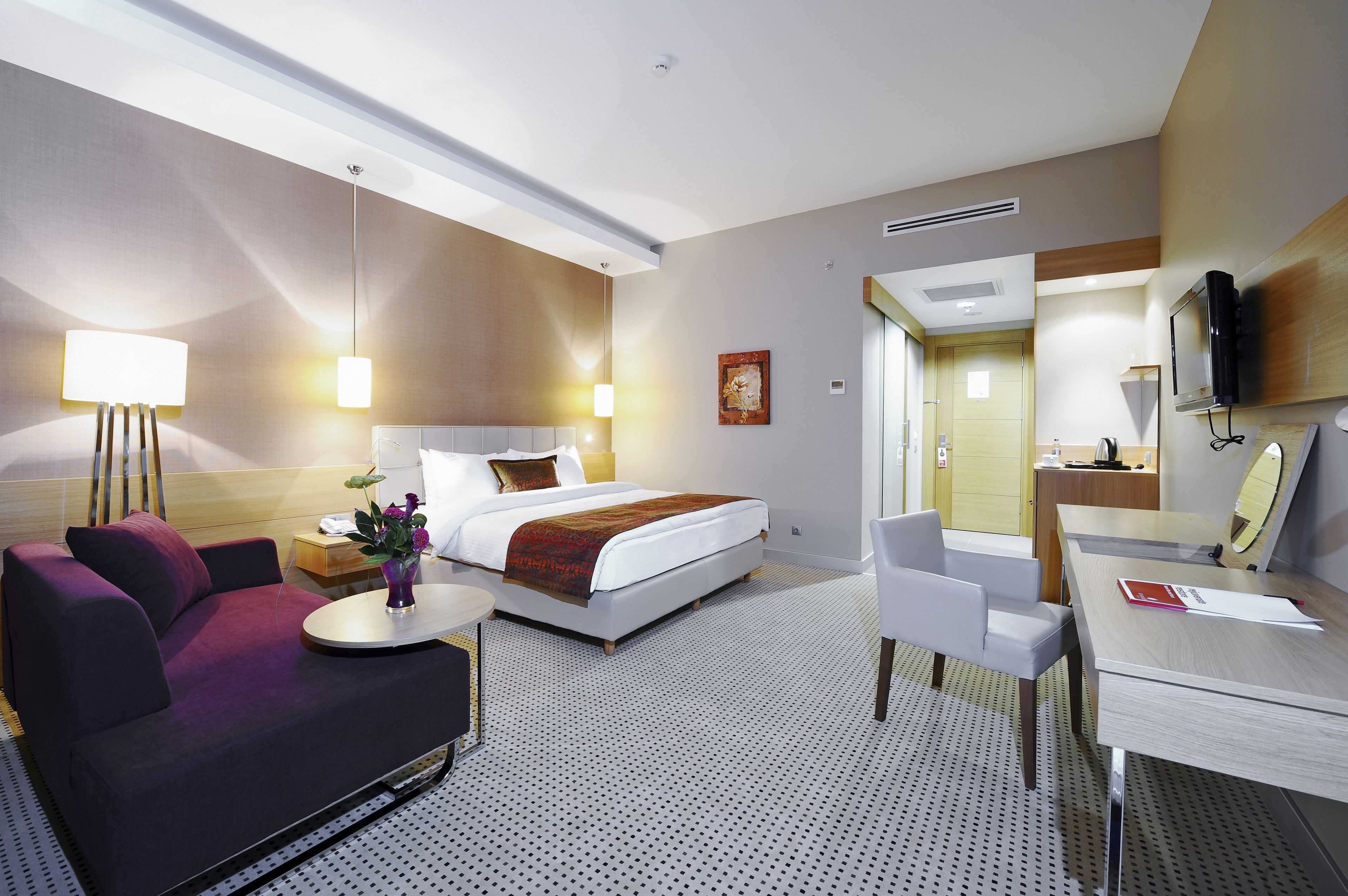 A hotel room with a bed, a desk, a chair, a sofa, and a TV.