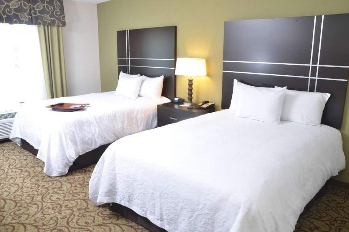 A hotel room with two beds, a nightstand with a lamp, and a patterned carpet.