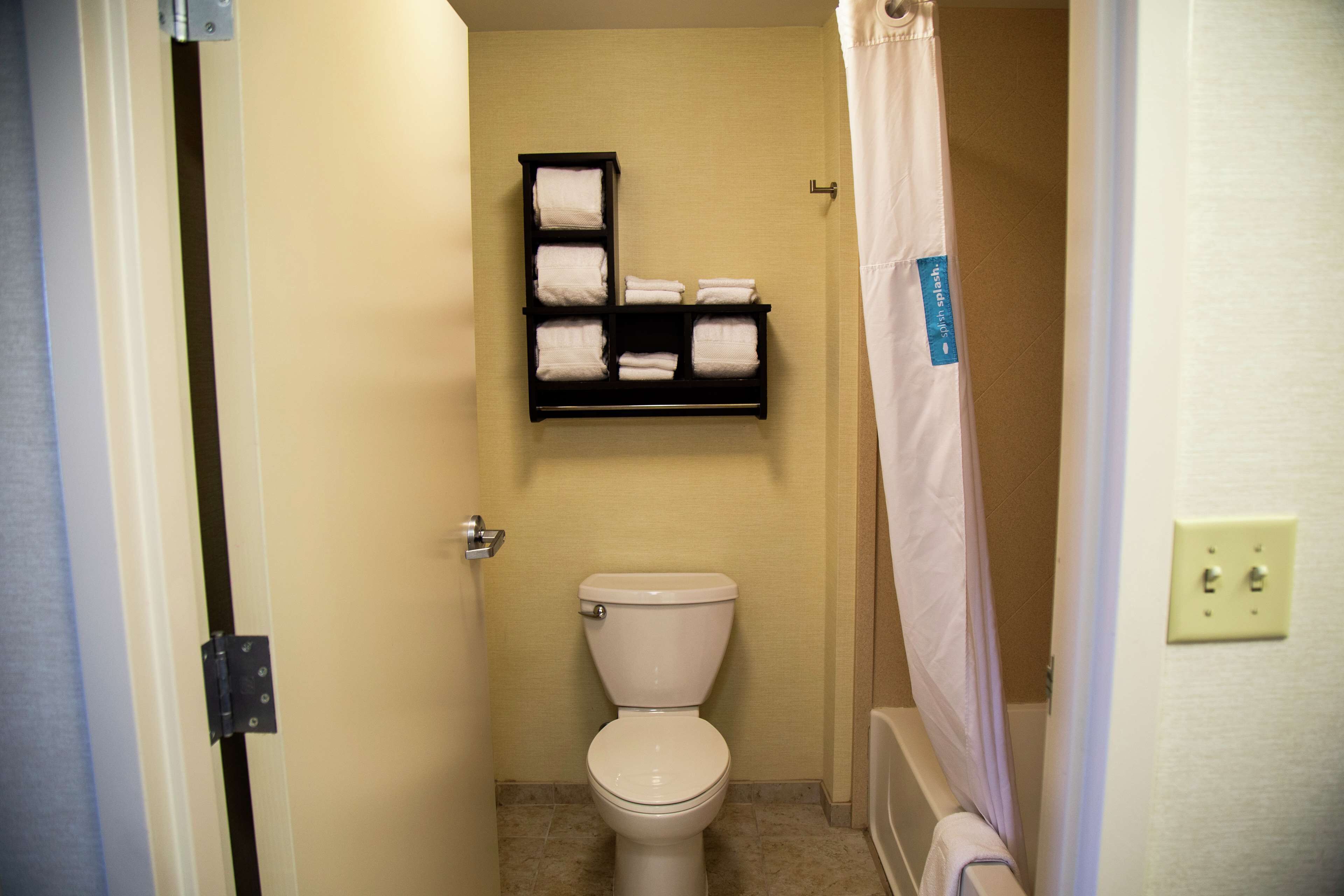 A small bathroom with a toilet, a shelf with folded towels, and a shower curtain.