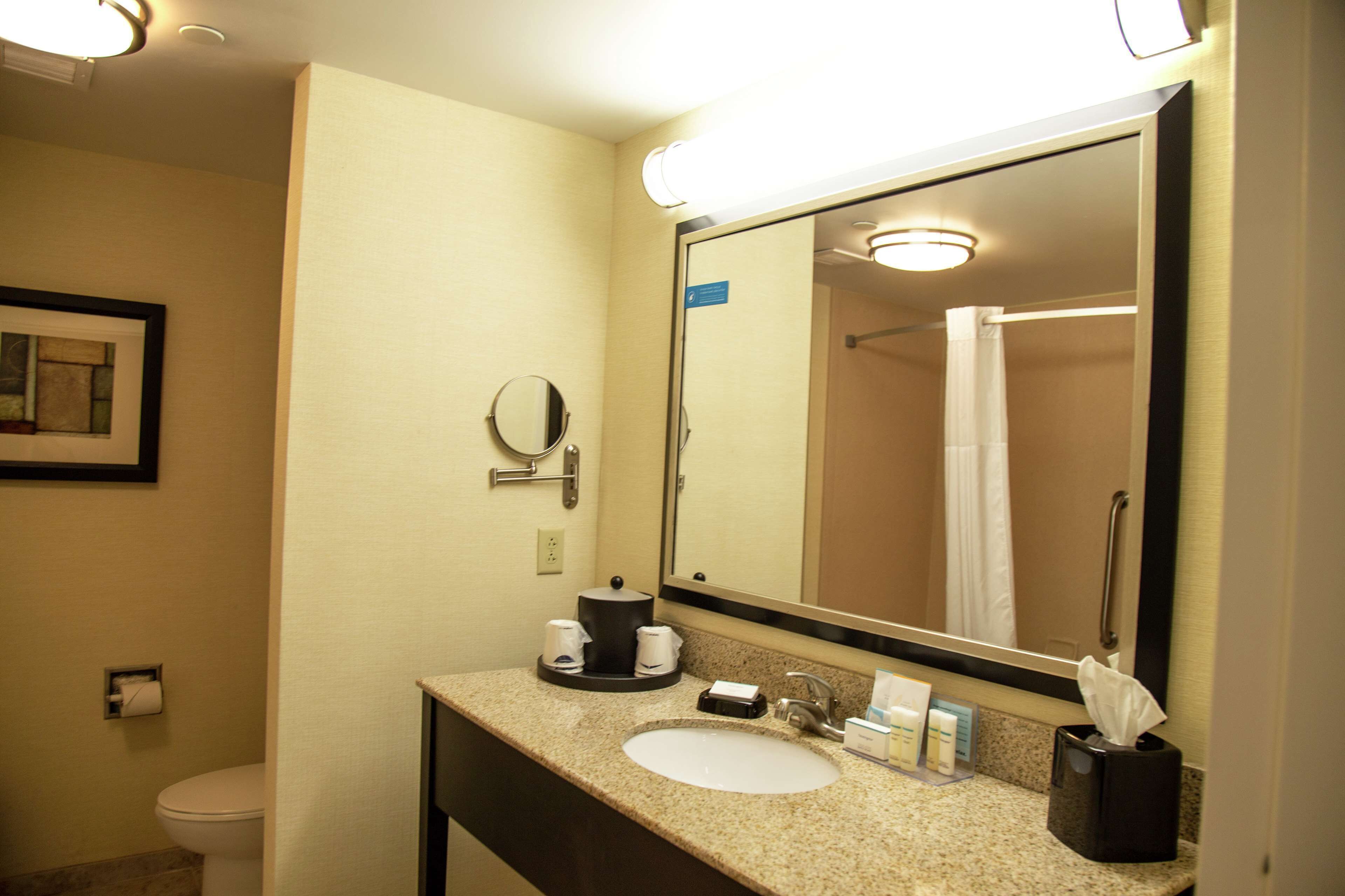 A hotel bathroom with a sink, mirror, and toilet.