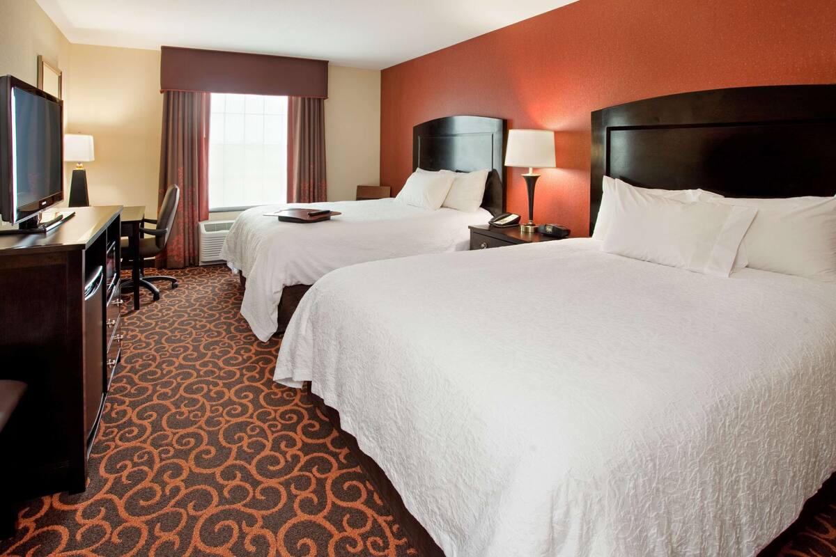 Habitación de hotel con dos camas, un escritorio con televisor y alfombra estampada.