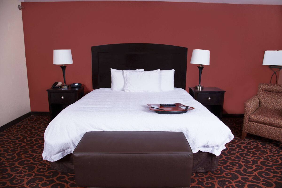 Habitación de hotel con una cama grande, dos mesitas de noche con lámparas, un banco marrón y una alfombra estampada.