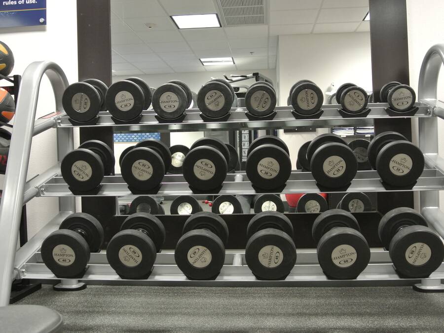 A rack of dumbbells in a gym with various weight options.