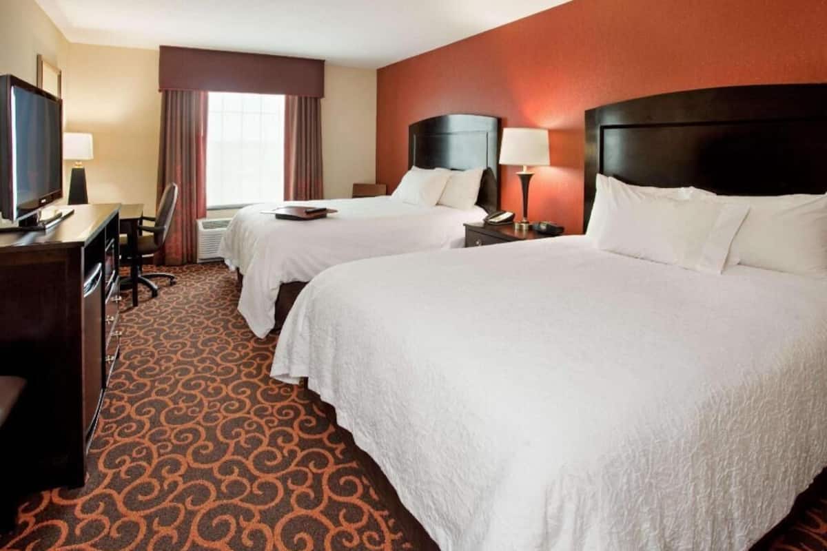 Habitación de hotel con dos camas, televisión, escritorio y alfombra estampada.