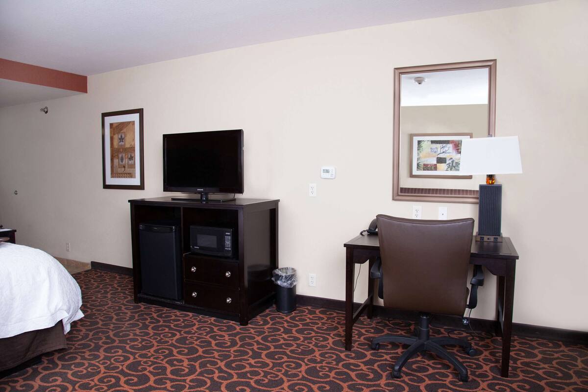 Habitación de hotel con cama, escritorio con silla, televisor, microondas y basurero.