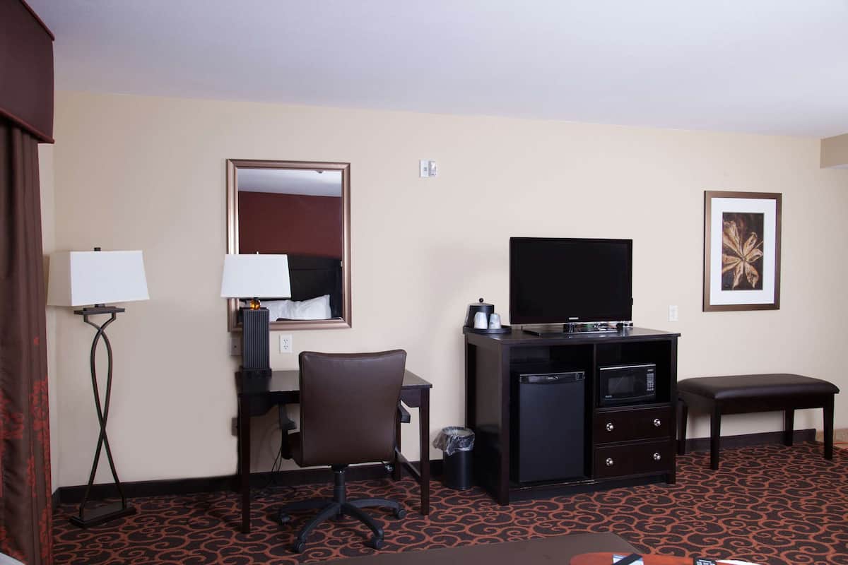 Habitación de hotel con escritorio, silla, televisión, microondas y un pequeño banco.