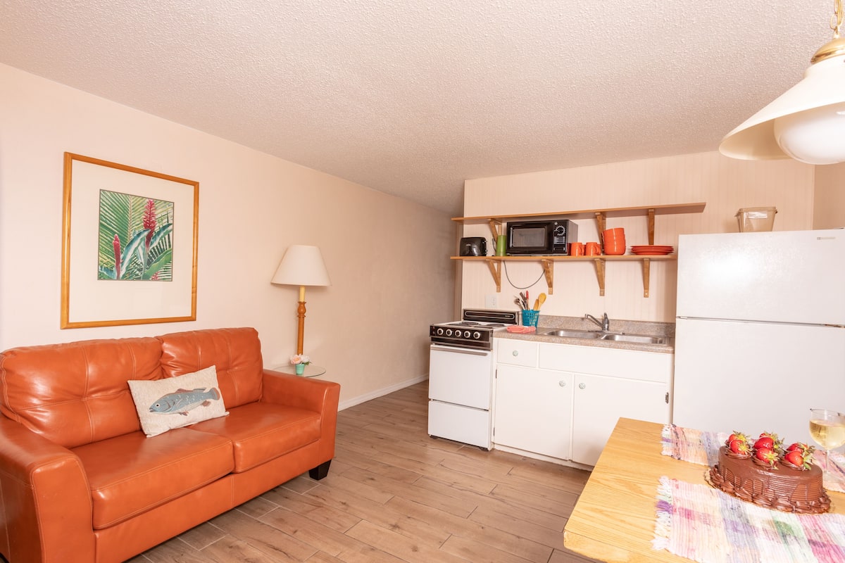Un espacio habitable compacto con kitchenette, un sofá, una mesa de comedor y un refrigerador.
