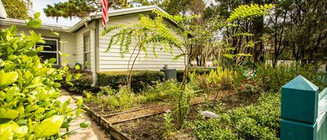A residential property with a garden, wooden raised beds, and a flag.