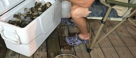 Une personne assise sur une chaise, tenant une glacière remplie de palourdes.