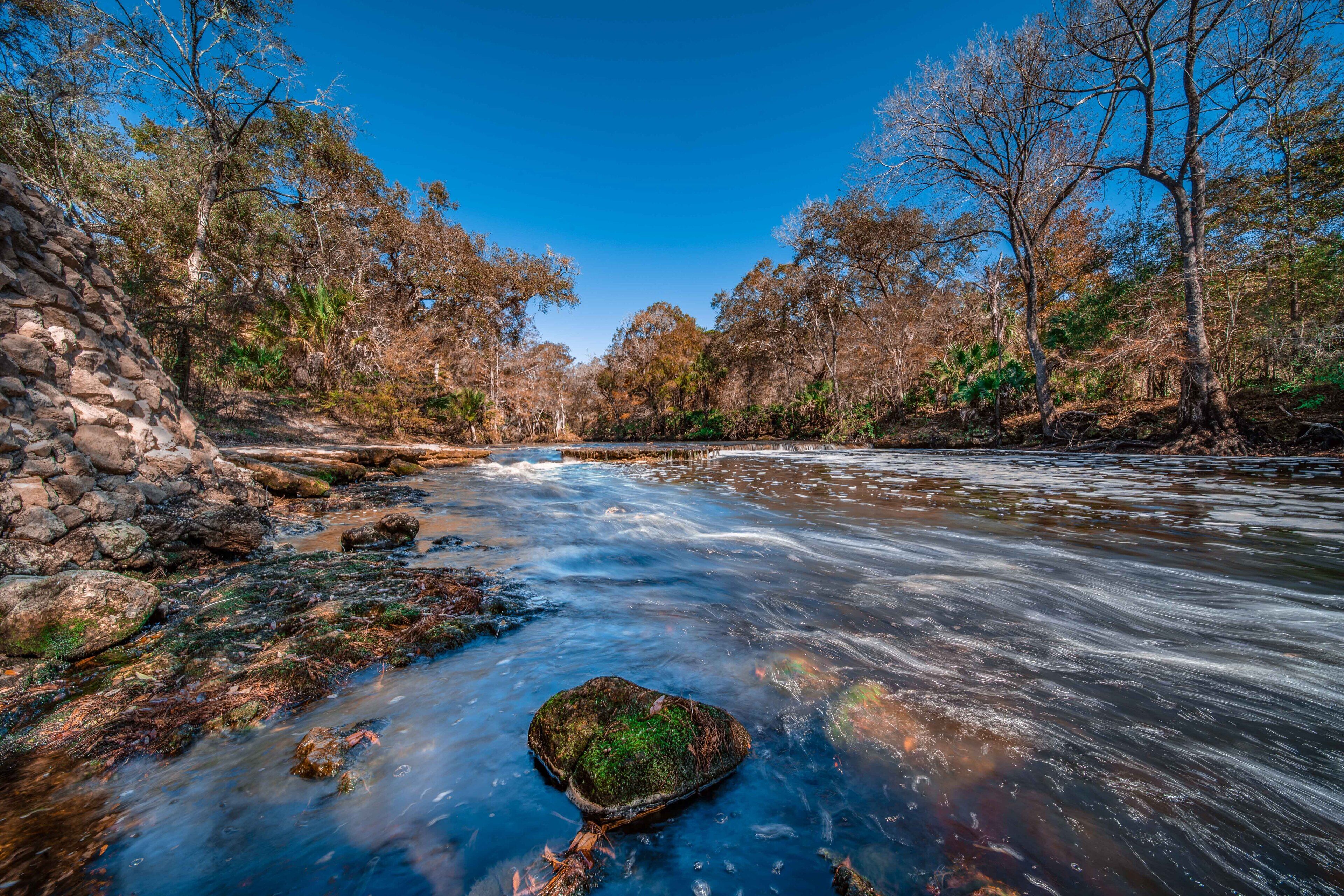 A river flowing through a forested area with a stone wall on one side and trees on the other.