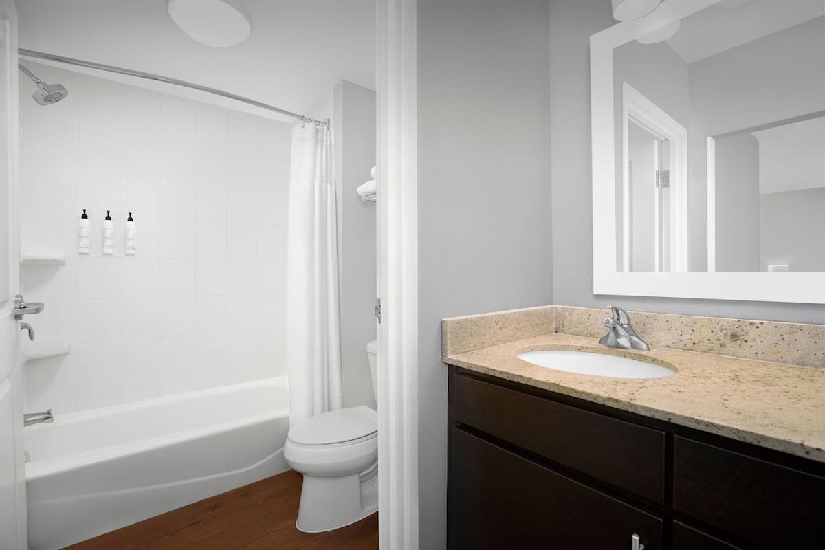 combined shower/bathtub, free toiletries, hair dryer, towels