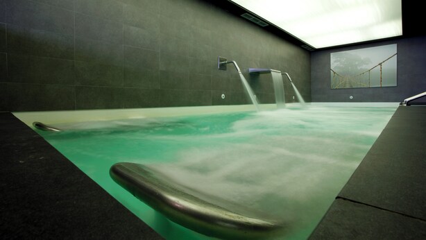 A spa area with a hot tub, a shower, and a wall-mounted picture. - La Sinagoga Hotel Spa (Hervas)