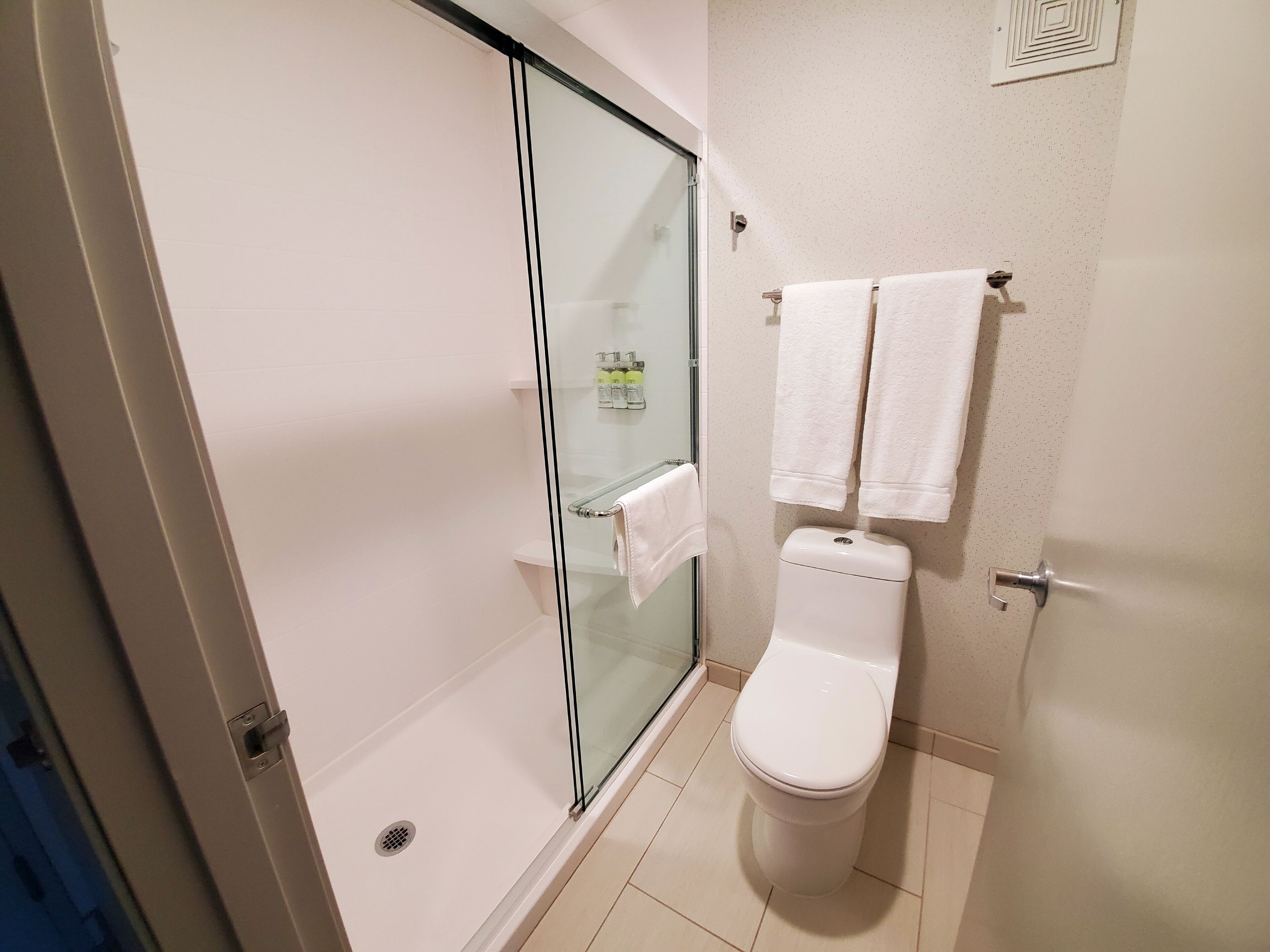 Une salle de bain avec une douche à parois de verre, des toilettes et un porte-serviettes avec deux serviettes.