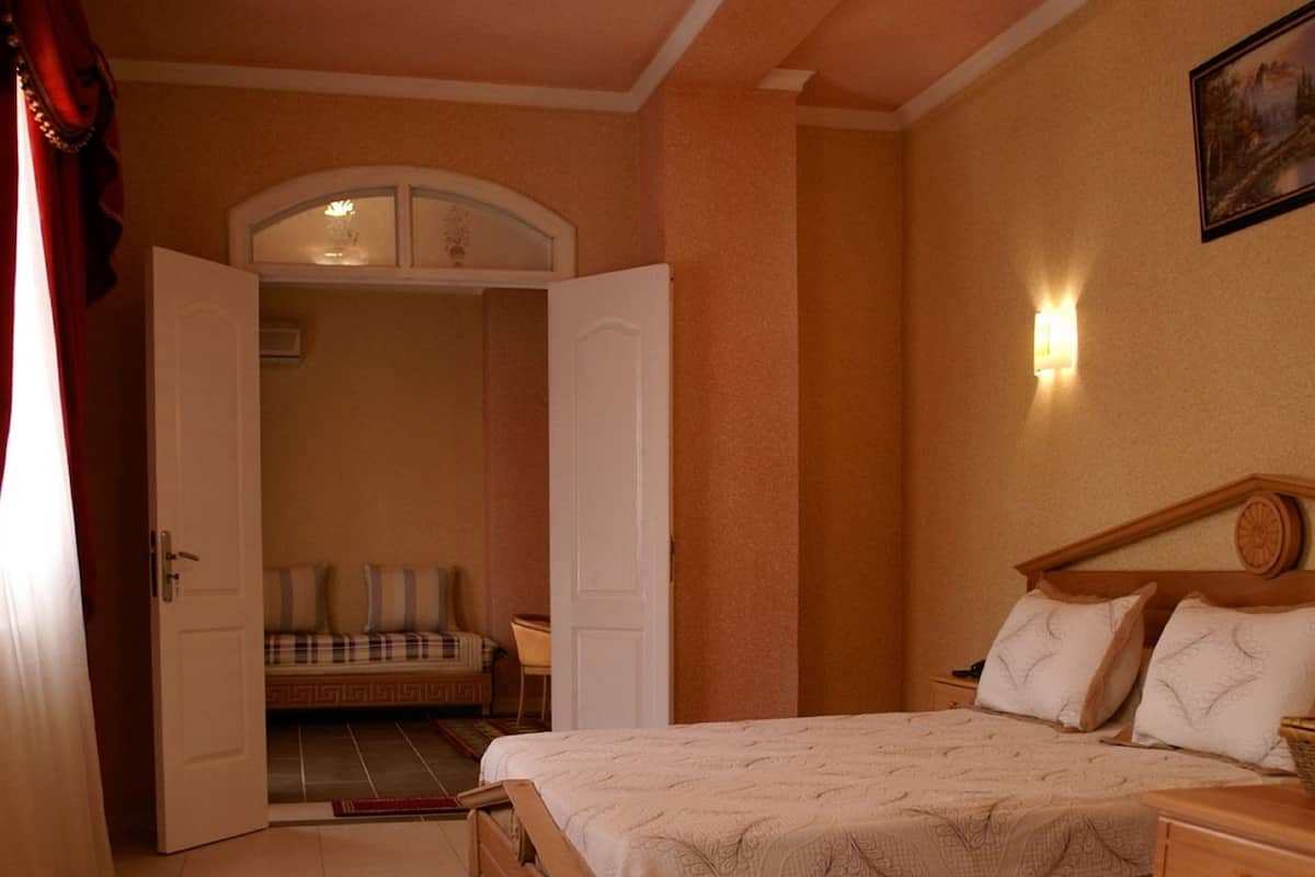 A bedroom with a bed, bedside tables, a nightstand, a potted plant, and a door leading to another room.