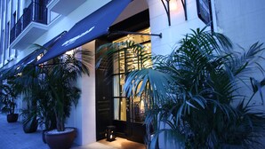 A hotel entrance with a dark awning, potted plants, and a visible door. - Ofelias Hotel (Barcelona)