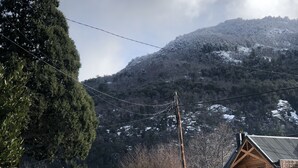 A wooden cabin with a balcony, surrounded by greenery and a mountainous backdrop. - Hosteria Hueney Ruca (San Martín de los Andes)