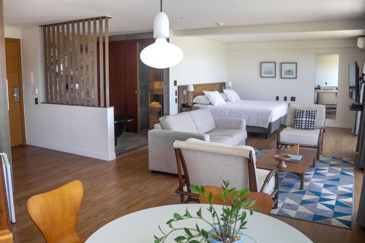A modern hotel room with a bed, sofa, armchair, and a dining table with a plant.
