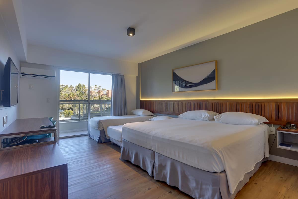 A hotel room with a large bed, a desk, a TV, and a window with a view of trees.